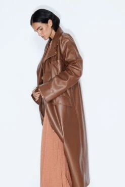 Brown Ecoleather Biker Coat -Es Fascinante brown ecoleather biker coat skirts habey club 327065