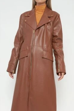 Brown Ecoleather Biker Coat -Es Fascinante brown ecoleather biker coat skirts habey club 720783