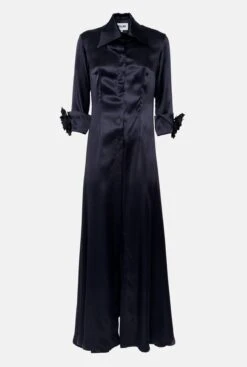 Camisa Larga De Seda Con Flores A Mano Azul Marino