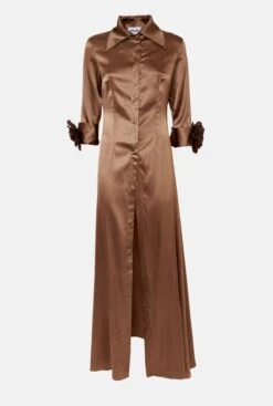 Camisa Larga De Seda Con Flores A Mano Marrón